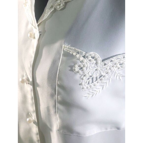 Kathy Che White Satin Pearl Button Up Blouse Size 12 - Picture 8 of 8